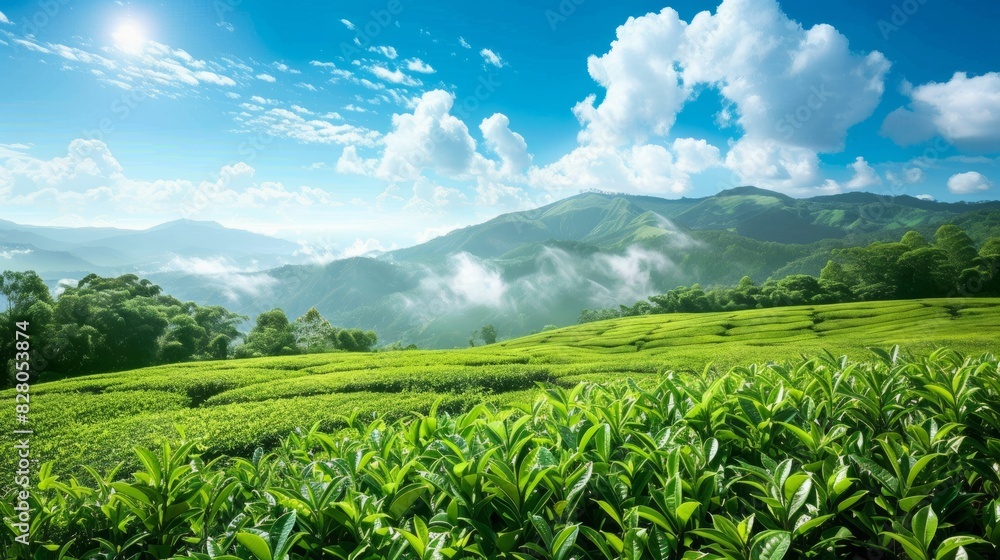 tea garden with bright blue sky