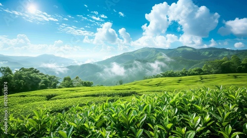 tea garden with bright blue sky