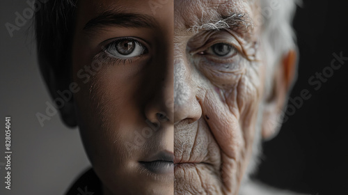 dramatic split image of a young boy and an elderly man, highlighting life stages photo