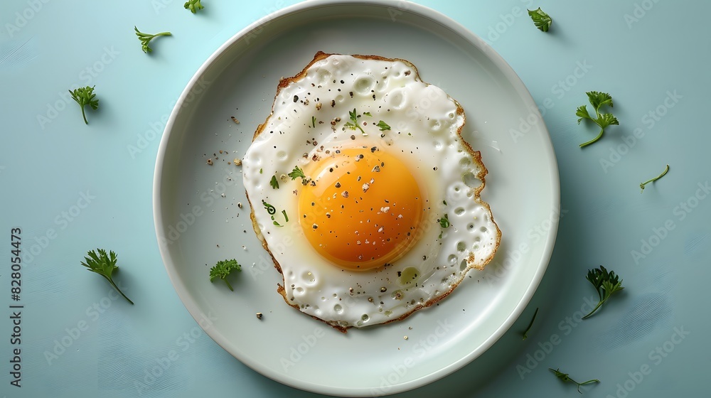 A fried egg on an isolated pastel blue background, viewed from above, in the center of a plate with no other food items. A fried egg on an isolated pastel blue background, viewed from above, in the center of a plate with no other food items.