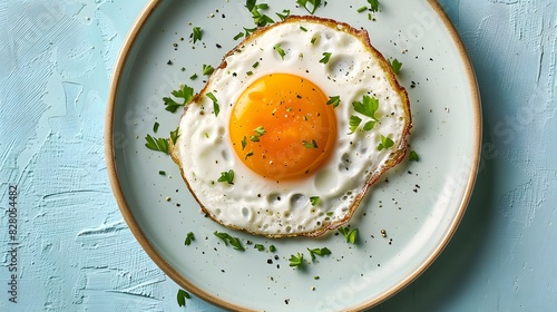 A fried egg on an isolated pastel blue background, viewed from above, in the center of a plate with no other food items. photo
