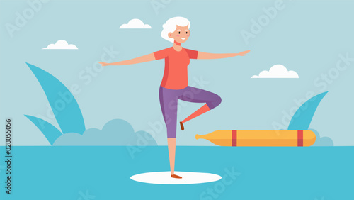 A senior participant balancing on one leg in the water supported by a pool noodle working on balance coordination and joint stability.. Vector illustration