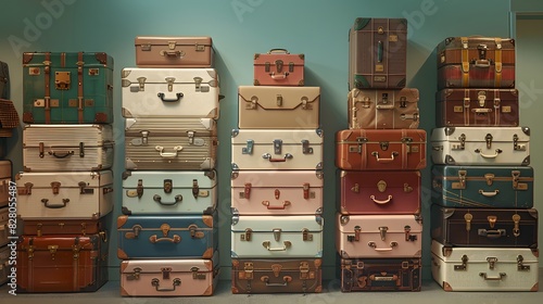 A group of suitcases were arranged in an aesthetically pleasing manner against the background, featuring various colors and styles. photo