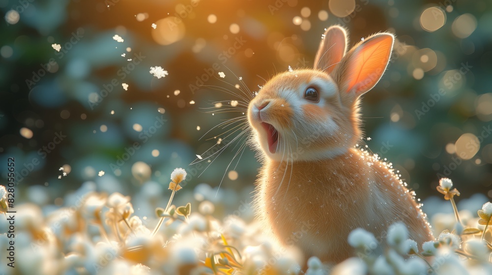 Funny little surprised rabbit rejoices the first snow encounter. Close up profile photo of the happy animal trying to catch snowflakes with open mouth.
Funny little surprised rabbit rejoices the first snow encounter. Close up profile photo of the happy animal trying to catch snowflakes with open mouth.