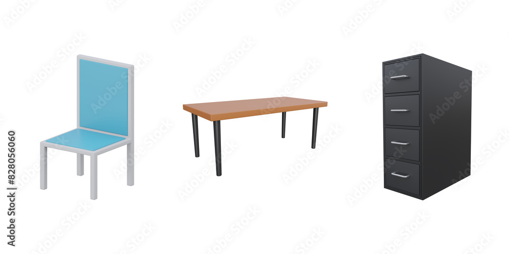 Fototapeta premium 3d dining chair, dinner table, drawer. 3d interior building set. Transparent background