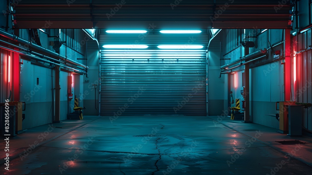Fototapeta premium A large, empty garage with an open roller door illuminated by bright lights. The background is dark and the lighting creates a sense of mystery or intrigue.