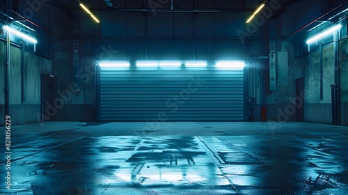 A large, empty garage with an open roller door illuminated by bright lights. The background is dark and the lighting creates a sense of mystery or intrigue. photo