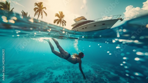 A person is swimming in sea water with a yacht in background.