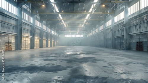 A large, empty warehouse with concrete floors and high ceilings. The walls of the space have no decorations or lighting fixtures, creating an open feeling that highlights its spaciousness. photo