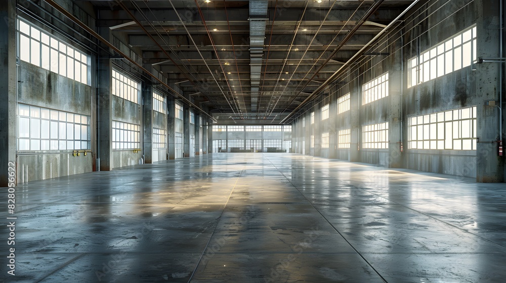 A large, empty warehouse with concrete floors and high ceilings. The walls of the space have no decorations or lighting fixtures, creating an open feeling that highlights its spaciousness. A large, empty warehouse with concrete floors and high ceilings. The walls of the space have no decorations or lighting fixtures, creating an open feeling that highlights its spaciousness.