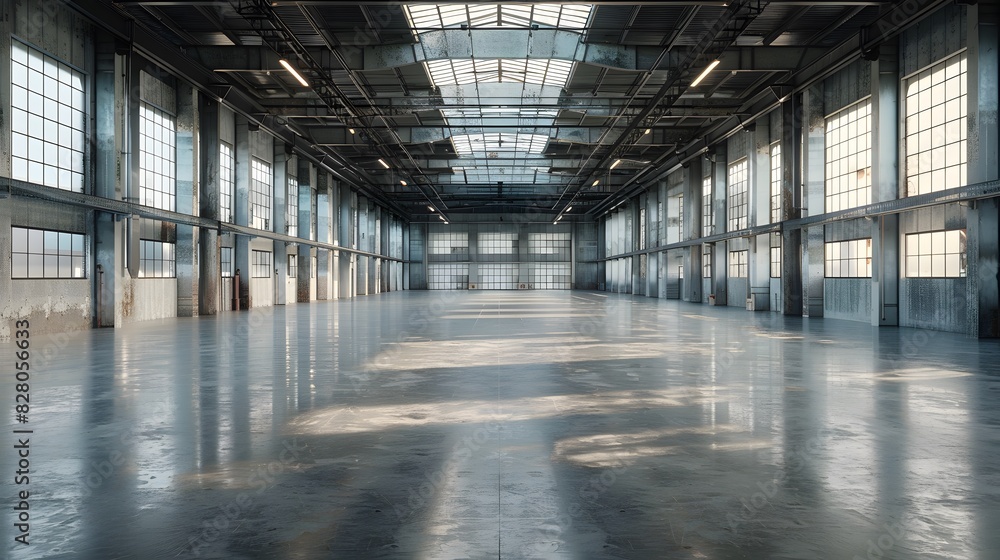 A large, empty warehouse with concrete floors and high ceilings. The walls of the space have no decorations or lighting fixtures, creating an open feeling that highlights its spaciousness.