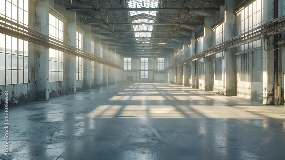 A large, empty warehouse with concrete floors and high ceilings. The walls of the space have no decorations or lighting fixtures, creating an open feeling that highlights its spaciousness. A large, empty warehouse with concrete floors and high ceilings. The walls of the space have no decorations or lighting fixtures, creating an open feeling that highlights its spaciousness.