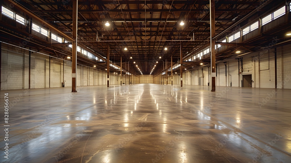 A large, empty warehouse with concrete floors and high ceilings. The walls of the space have no decorations or lighting fixtures, creating an open feeling that highlights its spaciousness. A large, empty warehouse with concrete floors and high ceilings. The walls of the space have no decorations or lighting fixtures, creating an open feeling that highlights its spaciousness.