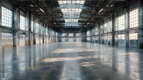 A large, empty warehouse with concrete floors and high ceilings. The walls of the space have no decorations or lighting fixtures, creating an open feeling that highlights its spaciousness. © horizor