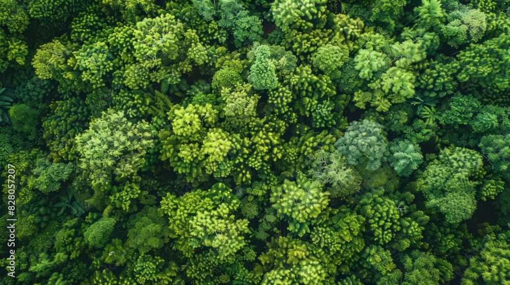 Aerial top view of green trees in forest. Drone view of dense green tree captures CO2. Green tree nature background for carbon neutrality and net zero emissions concept. Sustainable green environment.