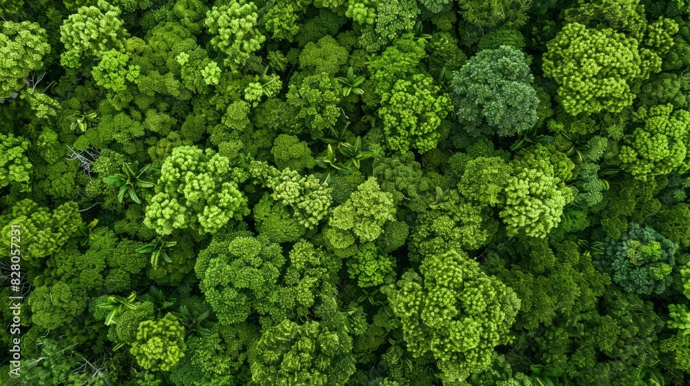 Fototapeta premium Aerial top view of green trees in forest. Drone view of dense green tree captures CO2. Green tree nature background for carbon neutrality and net zero emissions concept. Sustainable green environment.