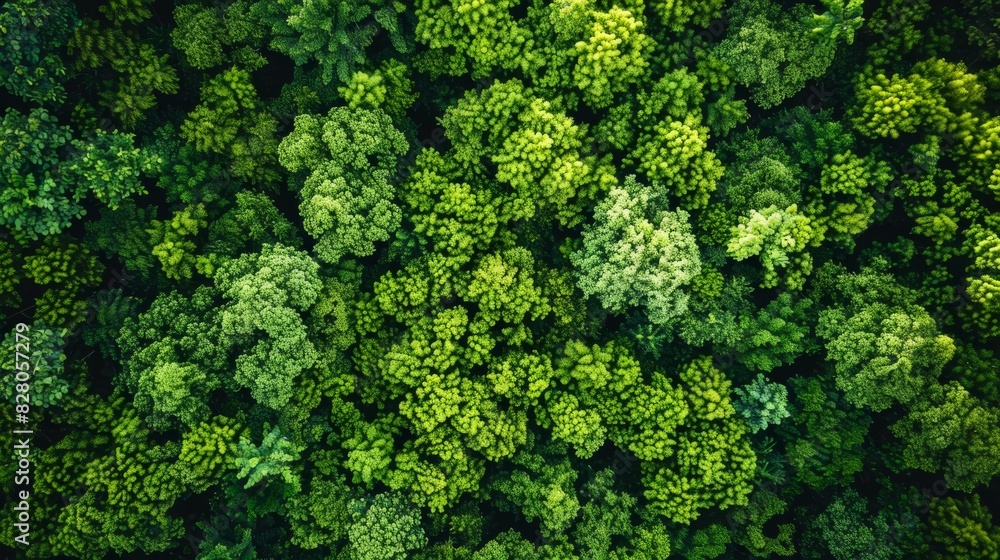 Aerial top view of green trees in forest. Drone view of dense green tree captures CO2. Green tree nature background for carbon neutrality and net zero emissions concept. Sustainable green environment.