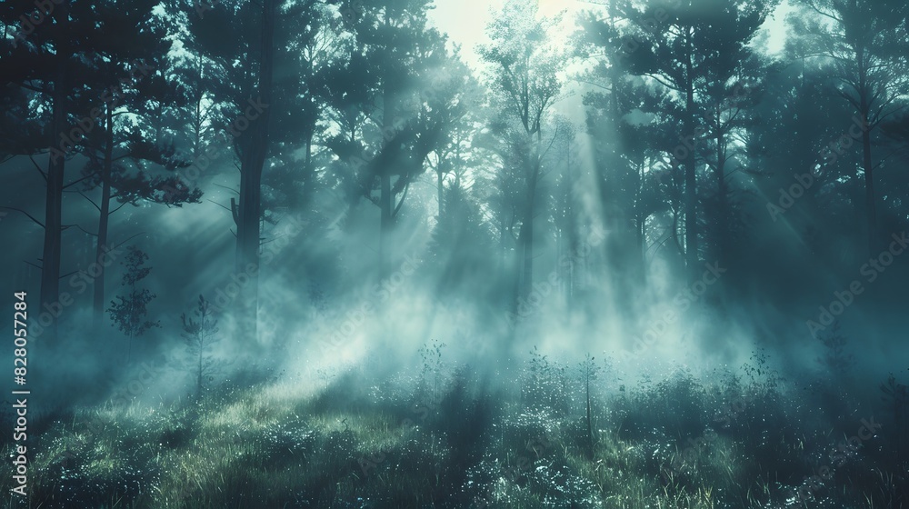 A misty forest scene with tall trees and fog rising from the ground, creating an ethereal atmosphere. A misty forest scene with tall trees and fog rising from the ground, creating an ethereal atmosphere.
