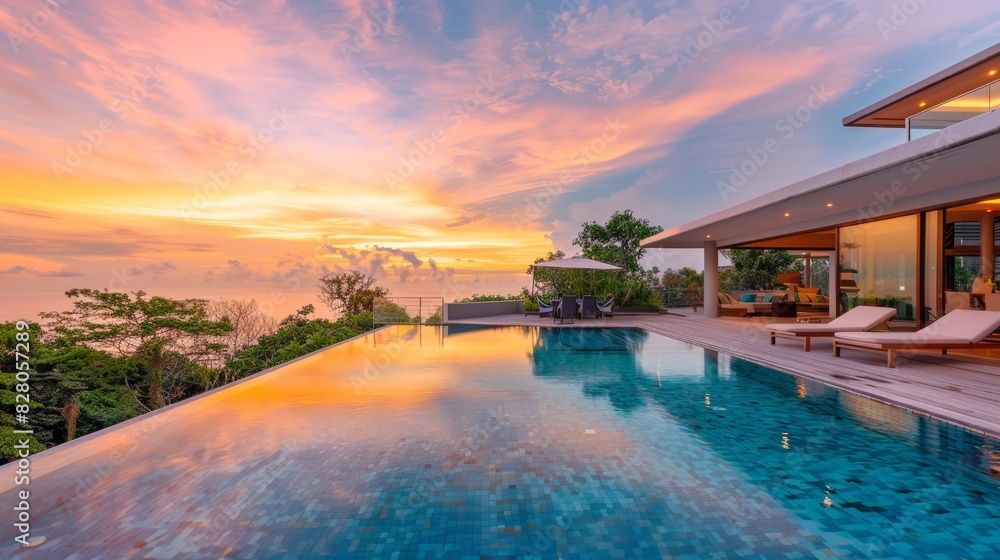 Fototapeta premium Swimming pool of a large mansion at sunset.