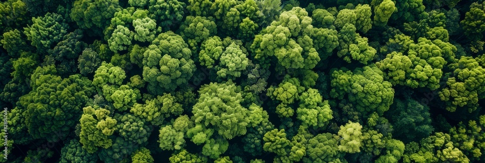 Naklejka premium Aerial top view of green trees in forest. Drone view of dense green tree captures CO2. Green tree nature background for carbon neutrality and net zero emissions concept. Sustainable green environment.