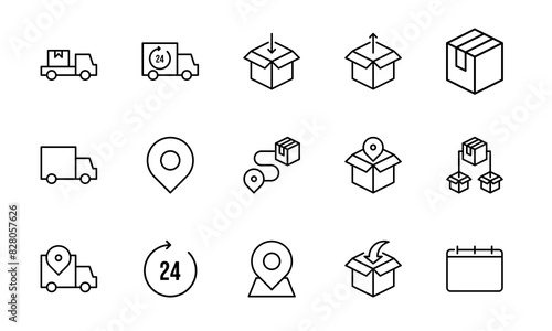 Parcel delivery icon set. Containing package, delivery boxes, cargo, box, cargo distribution, shipment of goods, open package. Thin icon collection. Vector illustration.