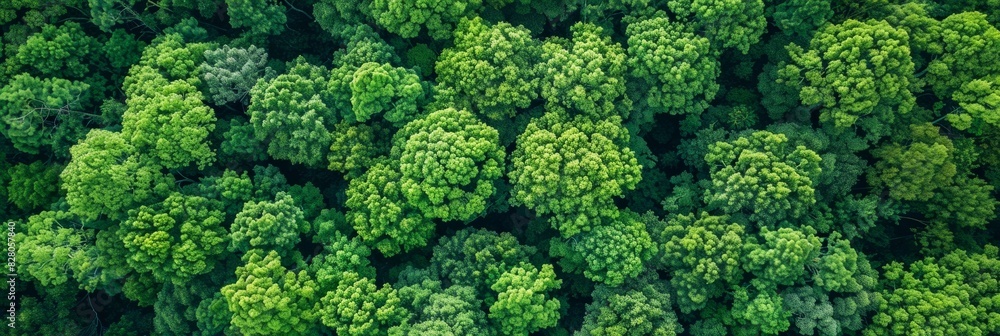 Aerial top view of green trees in forest. Drone view of dense green tree captures CO2. Green tree nature background for carbon neutrality and net zero emissions concept. Sustainable green environment. Aerial top view of green trees in forest. Drone view of dense green tree captures CO2. Green tree nature background for carbon neutrality and net zero emissions concept. Sustainable green environment.