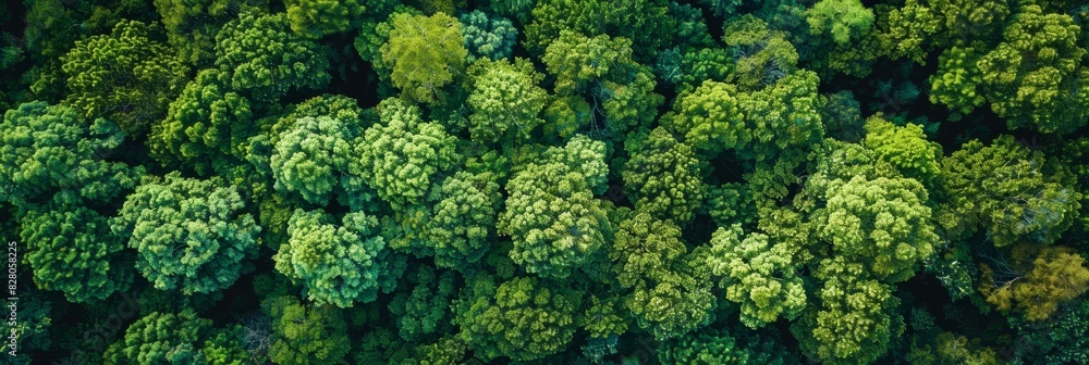 Naklejka premium Aerial top view of green trees in forest. Drone view of dense green tree captures CO2. Green tree nature background for carbon neutrality and net zero emissions concept. Sustainable green environment.