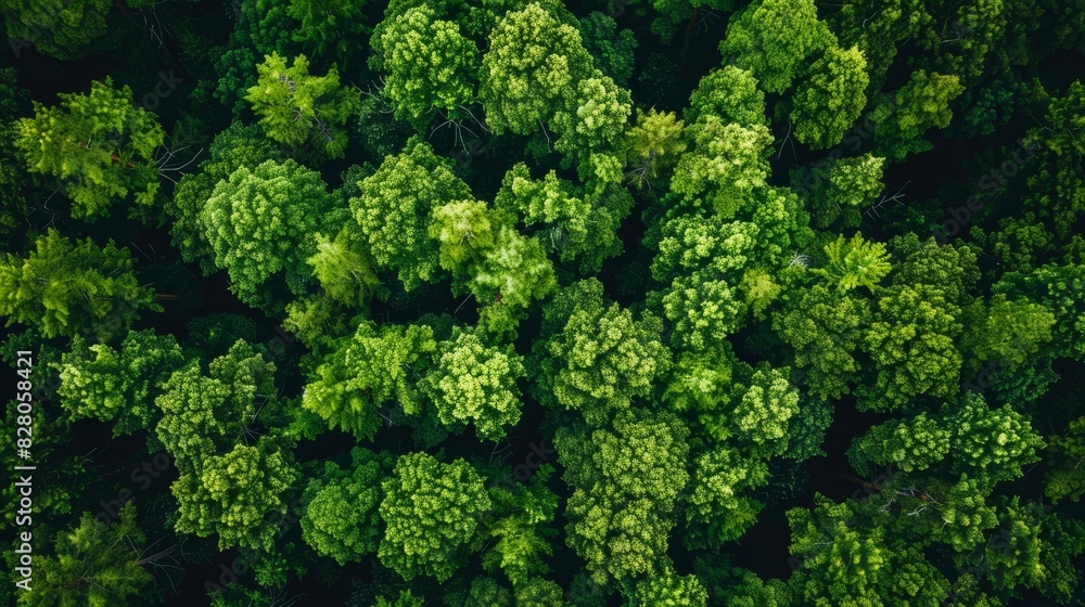 Aerial top view of green trees in forest. Drone view of dense green tree captures CO2. Green tree nature background for carbon neutrality and net zero emissions concept. Sustainable green environment. Aerial top view of green trees in forest. Drone view of dense green tree captures CO2. Green tree nature background for carbon neutrality and net zero emissions concept. Sustainable green environment.