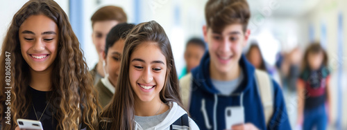 A lively group of high school friends  their youthful energy palpable as they navigate the school hallway  phones in hand.