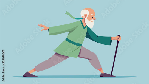 An elderly man with a cane his movements strong and steady as he gracefully incorporates it into his Tai Chi practice.. Vector illustration