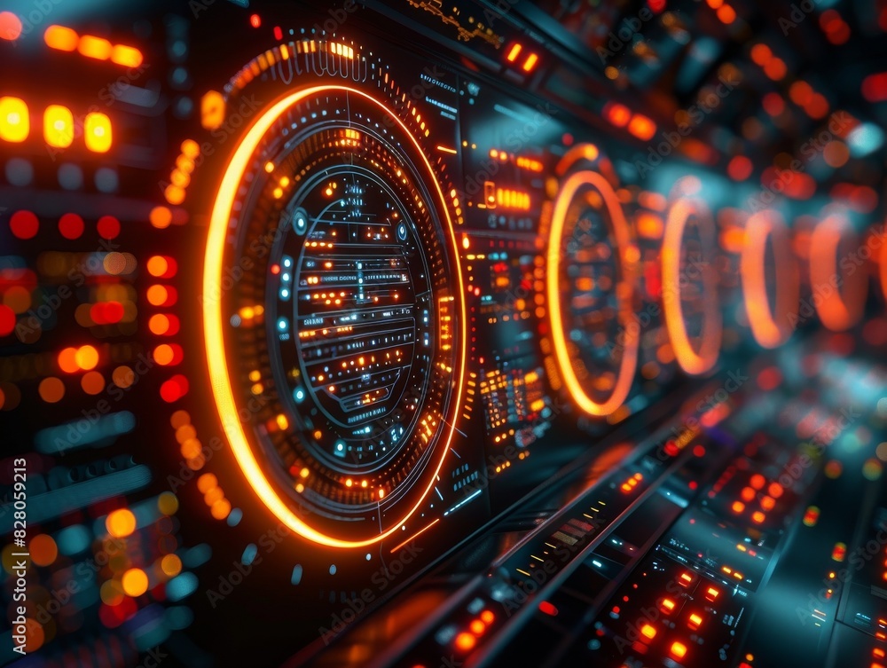 Obraz premium An abstract background for technology showing a high tech interface with a dynamic composition and lots of lights. 