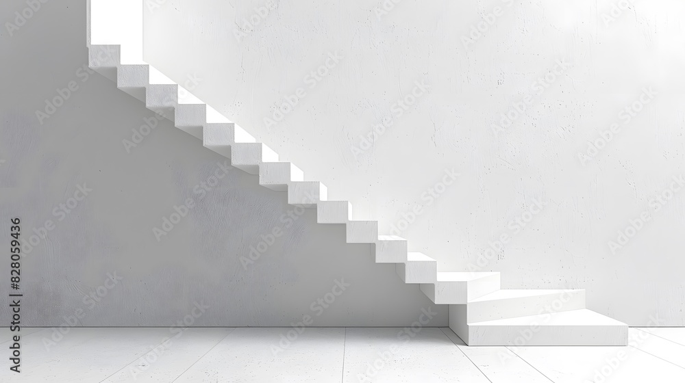 A white wall with a simple staircase leading up to the right, creating an abstract and minimalist composition. A white wall with a simple staircase leading up to the right, creating an abstract and minimalist composition.