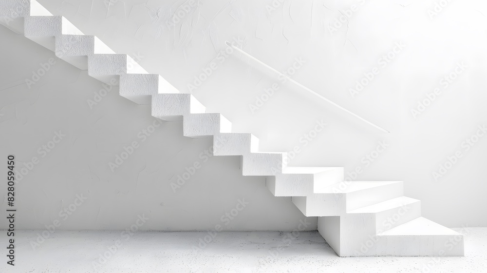 A white wall with a simple staircase leading up to the right, creating an abstract and minimalist composition. A white wall with a simple staircase leading up to the right, creating an abstract and minimalist composition.