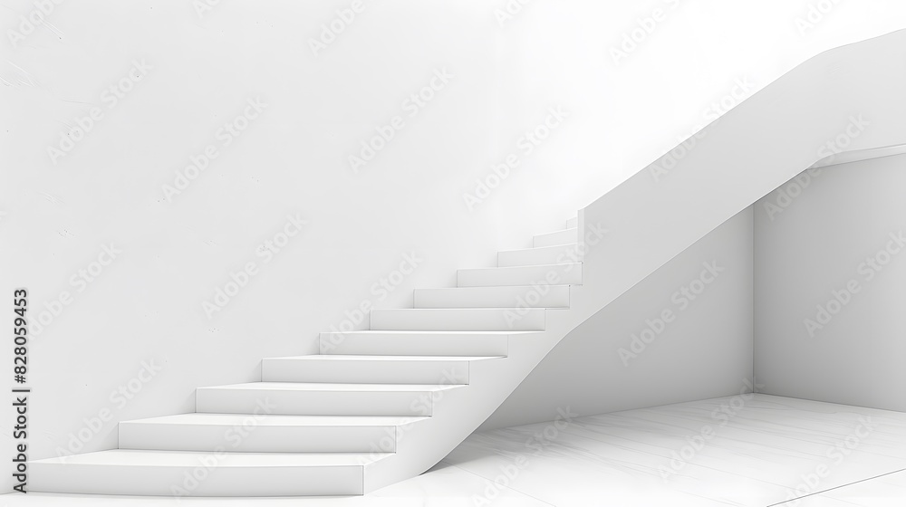 Fototapeta premium A white wall with a simple staircase leading up to the right, creating an abstract and minimalist composition.