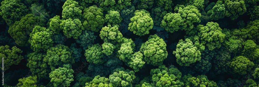 Naklejka premium Aerial top view of green trees in forest. Drone view of dense green tree captures CO2. Green tree nature background for carbon neutrality and net zero emissions concept. Sustainable green environment.
