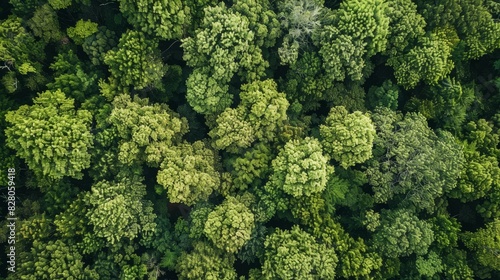 Aerial top view of green trees in forest. Drone view of dense green tree captures CO2. Green tree nature background for carbon neutrality and net zero emissions concept. Sustainable green environment.