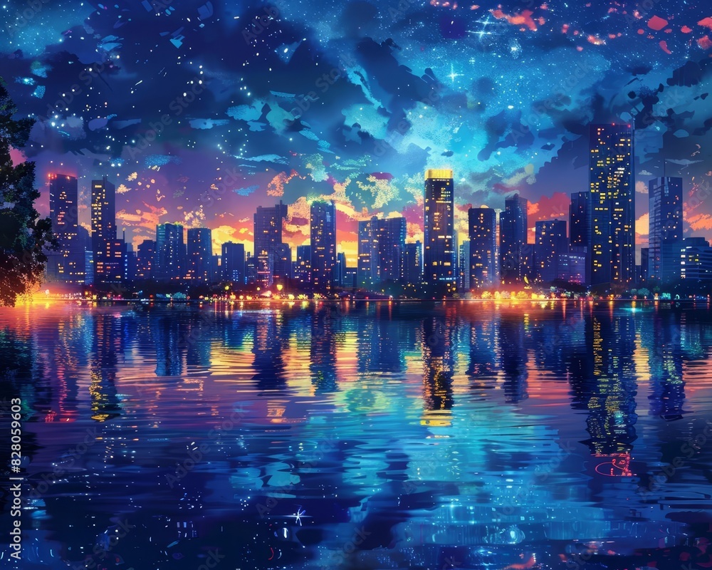 Nighttime urban skyline with towering skyscrapers illuminated by vibrant city lights, reflections glistening on a calm river, starry sky above Nighttime urban skyline with towering skyscrapers illuminated by vibrant city lights, reflections glistening on a calm river, starry sky above