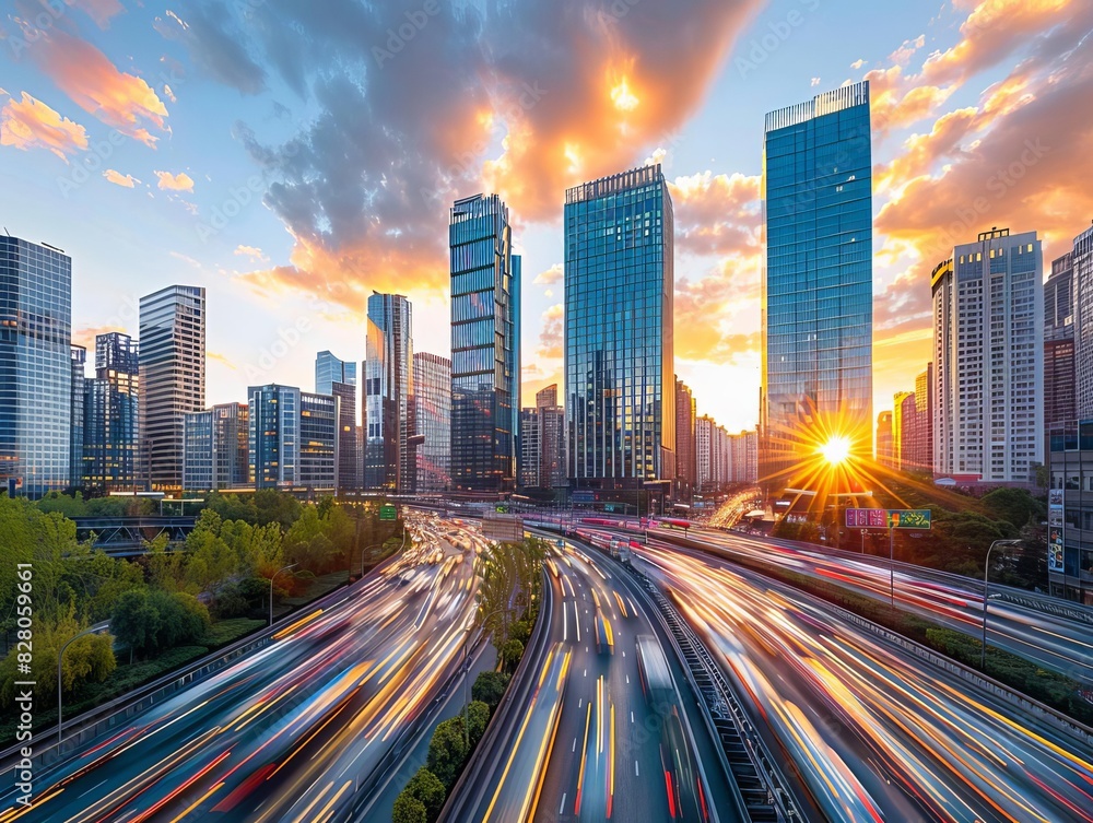 Obraz premium Panoramic view of a bustling city skyline at sunset, with golden hues reflecting off the glass buildings and a busy highway in the foreground