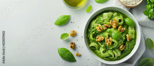 italian pasta shells coated in homemade walnut pesto with fresh basil with copy space for text