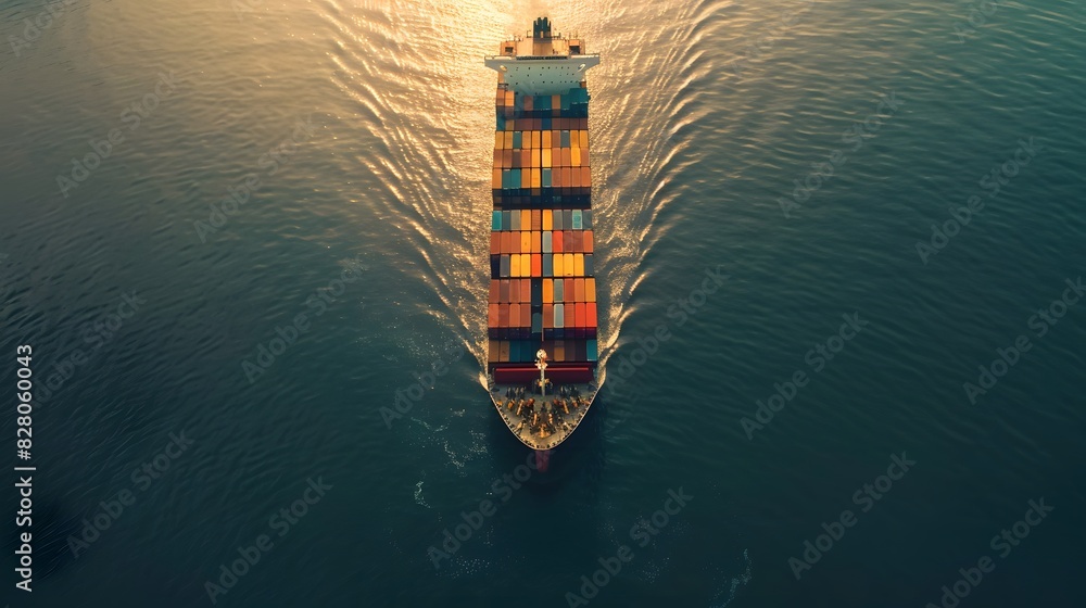 Aerial view of a cargo ship with containers on the sea from a top down perspective. Aerial view of a cargo ship with containers on the sea from a top down perspective.