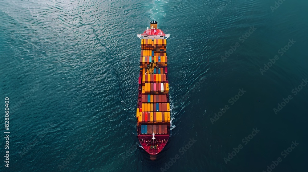 Aerial view of a cargo ship with containers on the sea from a top down perspective. Aerial view of a cargo ship with containers on the sea from a top down perspective.