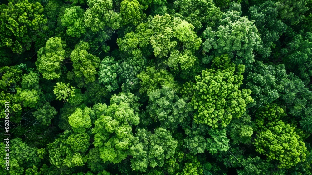 Aerial top view of green trees in forest. Drone view of dense green tree captures CO2. Green tree nature background for carbon neutrality and net zero emissions concept. Sustainable green environment.