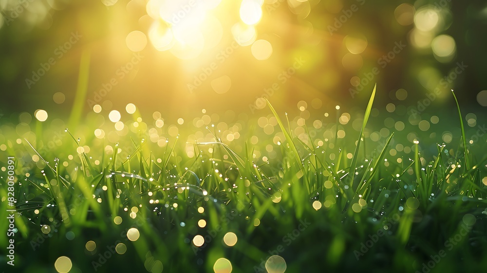 Obraz premium Beautiful blurred background of lush green grass meadow with dew drops in sunlight.