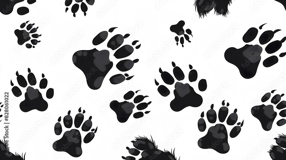 Fototapeta premium Black dog paw prints seamless pattern on white background vector illustration, flat design, vector art, flat style, simple shapes.