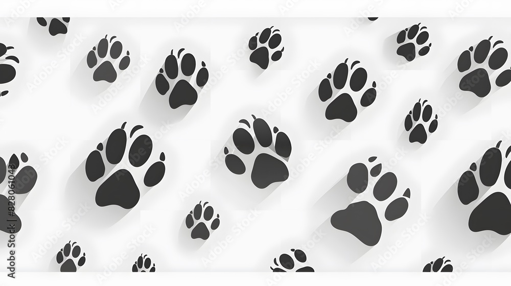Fototapeta premium Black dog paw prints seamless pattern on white background vector illustration, flat design, vector art, flat style, simple shapes.