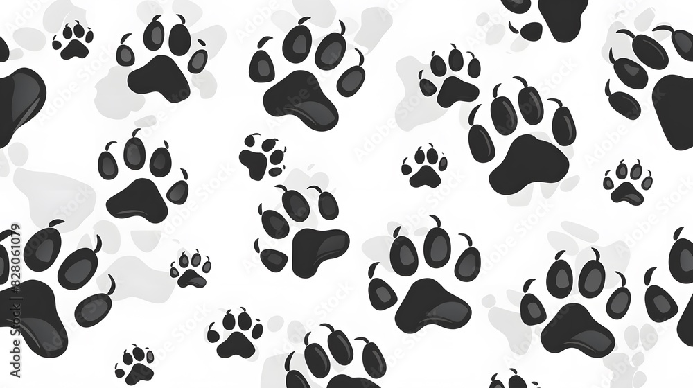 Fototapeta premium Black dog paw prints seamless pattern on white background vector illustration, flat design, vector art, flat style, simple shapes.
