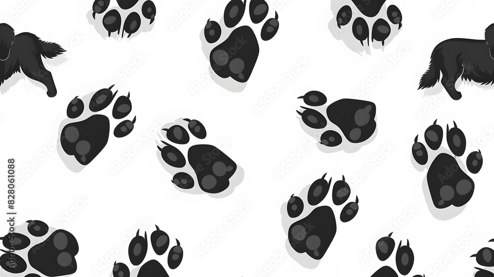 Fototapeta premium Black dog paw prints seamless pattern on white background vector illustration, flat design, vector art, flat style, simple shapes.