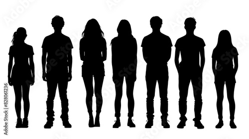 silhouette of diverse people group standing in a line for social or business themes on trasparent backgroun