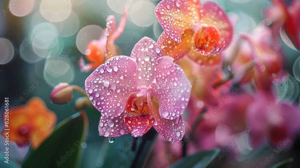 Closeup of beautiful orchid flowers blooming in the greenhouse, with dewdrops on petals. Colorful Phalaenopsis flower heads and orchids in pink and orange colors. Closeup of beautiful orchid flowers blooming in the greenhouse, with dewdrops on petals. Colorful Phalaenopsis flower heads and orchids in pink and orange colors.