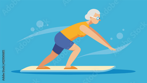 An older adult learning how to use a kickboard to improve their leg strength and endurance during their swimming lesson.. Vector illustration